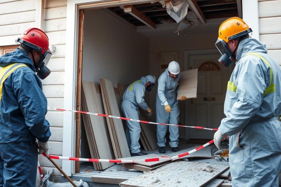 Professional asbestos removal Sydney team in protective equipment removing asbestos safely from a residential property